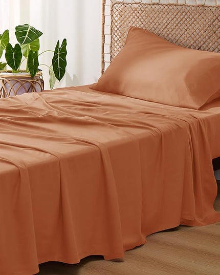 Bedsure Cooling Sheets Twin XL, Rayon Derived from Bamboo, Breathable & Soft Twin XL Sheet Sets, Deep Pocket Up to 16 Inches, Hotel Luxury Silky Dorm Bedding for Hot Sleepers, Burnt Orange