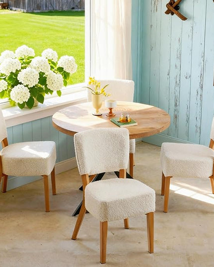 5-Piece Round Dining Table Set, Modern Small 37" Kitchen Table Chairs Set, Upholstered Stackable Dining Chairs with Metal Legs for Living Room Apartment, Space-Saving, Imitation Wood&White