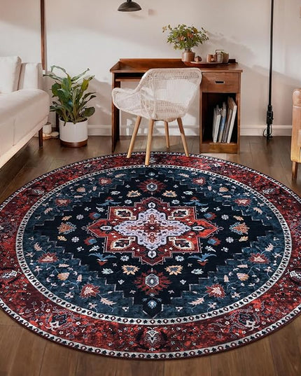 Ciicool Boho Area Rug Washable 6x6ft Round Bedroom Rug Non-Slip Oriental Throw Rug Low-Pile Floor Carpet for Dining Room Living Room