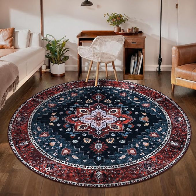 Ciicool Boho Area Rug Washable 6x6ft Round Bedroom Rug Non-Slip Oriental Throw Rug Low-Pile Floor Carpet for Dining Room Living Room