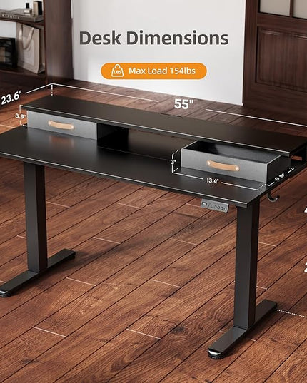 Claiks Electric Standing Desk with 2 Drawers, Adjustable Standing Desks with Storage, Height Adjustable Stand up Desk for Home Office with 2 Hooks,55 Inch Black