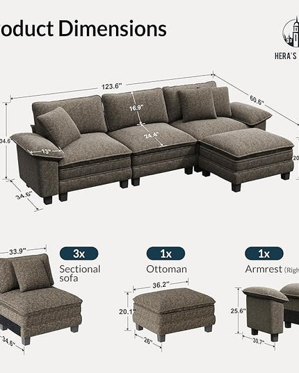 HERA'S HOUSE 124" Modular Sectional Sofa, Oversized L Shaped Couches for Living Room, Comfy Cloud Couch with Ottoman, 4-Seater Deep Seat Sofa with Throw Pillow, Chenille Ash