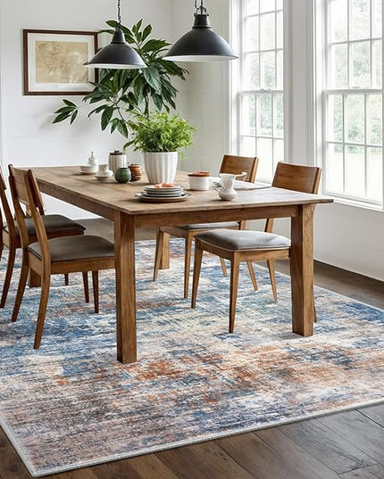 IOHOUZE Abstract Area Rugs 6x9 Ft Washable Rugs for Living Room, Non Slip Dining Room Rug, Printed Faux Wool Rugs for Bedroom, Floor Carpet for Office Nursery Playroom, Blue Rust