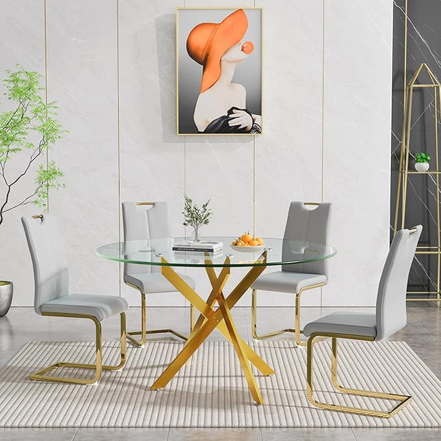 HomVent 5 Piece Round Glass Dining Table Set, Round Glass Kitchen Table Set for 4 with 4 PU Upholstered Dining Chairs for Kitchen Dining Room