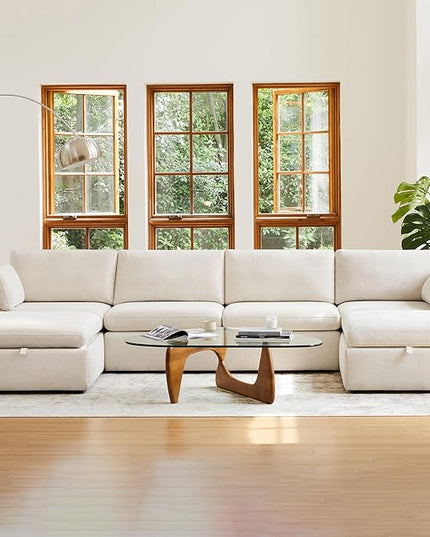CHITA Oversized Modular Sectional Fabric Sofa Set, FSC Certified Extra Large U Shaped Couch Reversible Chaise Modular Sectional Couch, 146 inch Width, 6 Seat Modular Sofa with Storage Ottomans, Linen