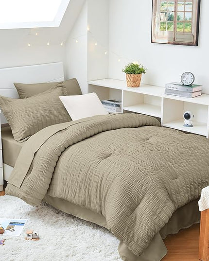 HYMOKEGE Linen Twin XL Comforter Set Seersucker 5 Pieces, All Season Luxury Bed in a Bag for Bedroom, Bedding Set with Comforter, Sheets, Pillowcase & Sham