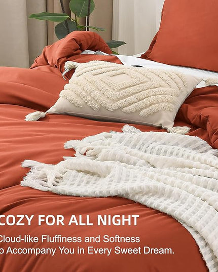 Litanika Comforters Burnt Orange Oversized Queen Size, 3 Pieces Lightweight Solid Bedding Comforter Set, All Season Fluffy Bed Set (98x98In Comforter & 2 Pillowcases)