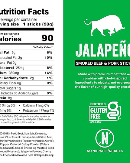 Chef’s Cut Real Snack Sticks | High Protein Meat Snack Sticks with 8g Protein, Gluten Free, Keto-Friendly| Premium Smoked Beef & Pork Blend | Jalapeño Heat | 1 oz Stick (12-Count Bag)