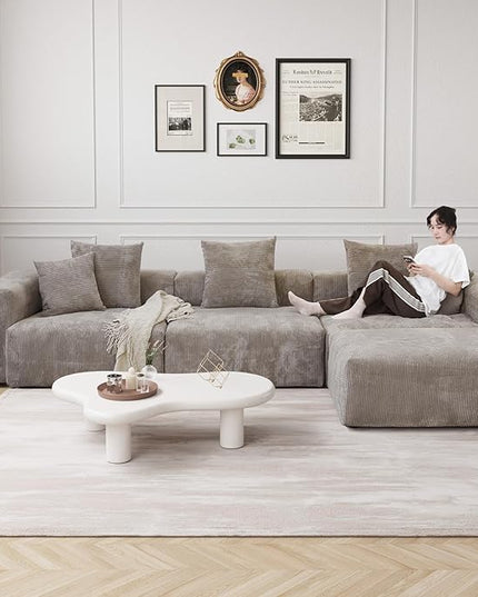 JACH Modern Sectional Couch Sofa, Corduroy Modular Sectional Couch with Chaise Ottoman, Cushion Covers Removable, Oversized Soft Couches for Living Room, Office (Light Brown)