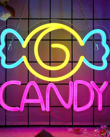 Neon Sign for Wall Decor, Lights for Workshop, Business Signs - Suitable for Man Cave Bar Pub Restaurant - 5V Power Adapter with Hanging Chain Hooks (CANDY)