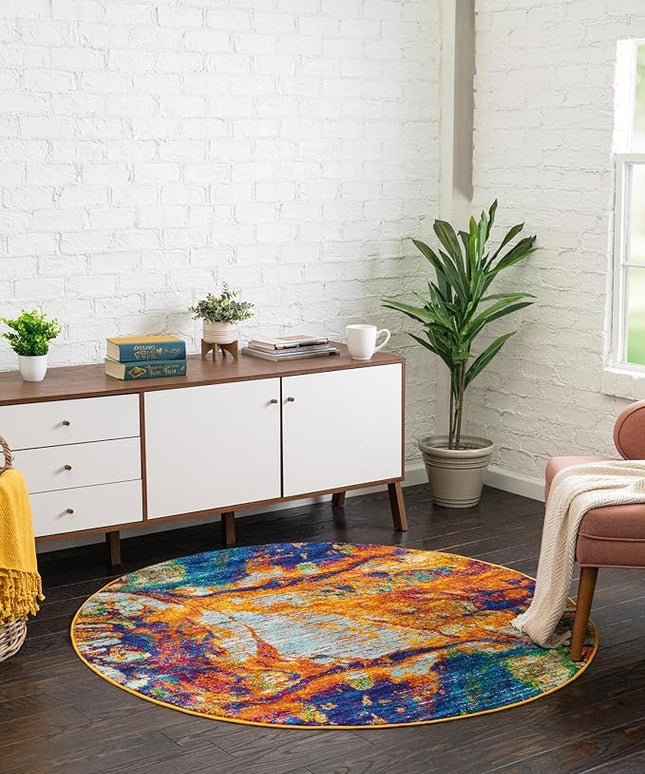 Rugs.com Calypso Collection Rug – 3 Ft Round Multi Medium-Pile Rug Perfect for Kitchens, Dining Rooms