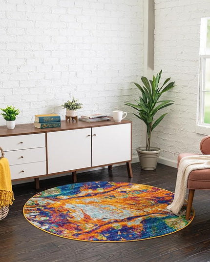 Rugs.com Calypso Collection Rug – 6 Ft Round Multi Medium-Pile Rug Perfect for Kitchens, Dining Rooms