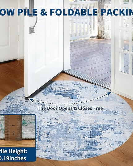 Modern Abstract 8x8 Round Area Rug Non Slip Non Shedding Rug Low Pile Stain Resistant for Bedroom Living Room Office Dining Room,Light Blue
