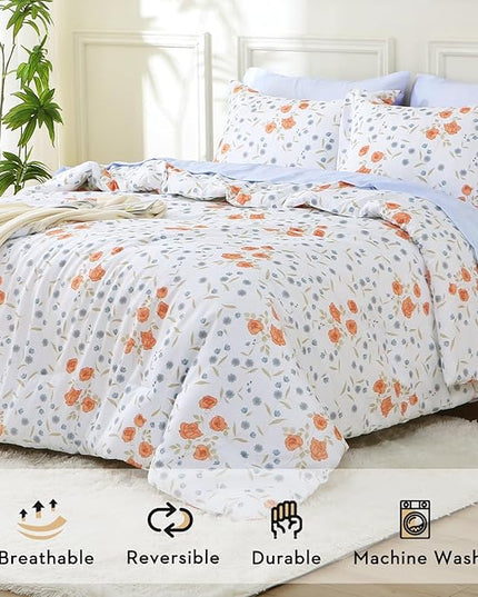 MUXHOMO Orange Blossom Full Comforter Set, Elegant Floral Print Bed in a Bag 7 Pieces, Ultra Soft & Breathable Reversible Botanical Pattern Bedding Set with Comforter, Sheets, Pillowcases, and Shams