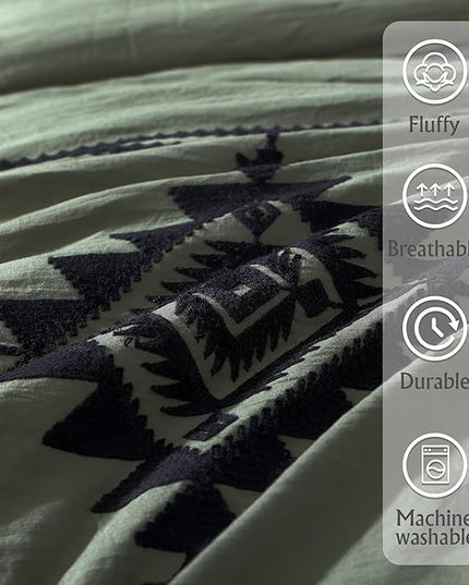 MaiRêve Embroidery Comforter Set, Boho Farmhouse Western Bedding Set, All Season Bed in A Bag Comforter Set with Sheets, Pillowcases & Shams, Olive Green Queen 7 Pieces