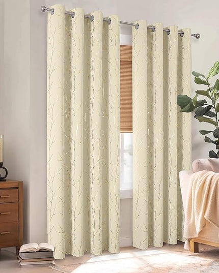 BUHUA Blackout Curtains Gold Tree Print Flower Grommet Drapes, Room Darkening Thermal Insulated Curtains, Noise Reducing Blackout Curtain for Bedroom, Beige, 52Wx72L, 2 Panels