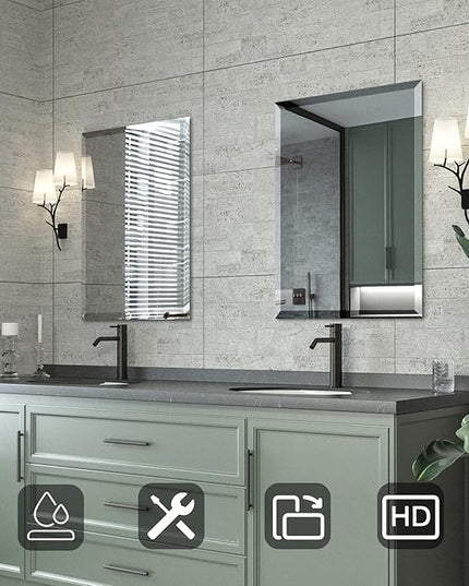 Mirrorons Beveled Mirror, Bathroom Mirrors for Wall 20" x 28", Frameless Rectangle Bathroom Mirror with Beveled Edge, Hangs Horizontally or Vertically, Upgraded Packing