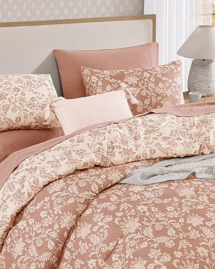 Queen Comforter Set -7 Pieces Clay Pink Floral Comforter Set for All Seasons, Bed in a Bag Queen with Botanical Flowers Comforter, Sheets, Pillowcases & Shams