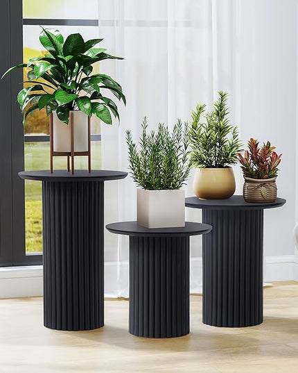 Round Nesting Coffee Table Set of 3,Mid Century Modern Fluted Coffee and End Table Set,Small Circle Wooden Side Table Drink Table for Living Room (Black)