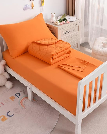 NTBAY Toddler Bedding Set - 4 Piece Soft and Breathable Crib Bedding Set for Boys and Girls, Includes Quilted Comforter, Fitted Sheet, Flat Top Sheet and Envelope Pillowcase, Orange