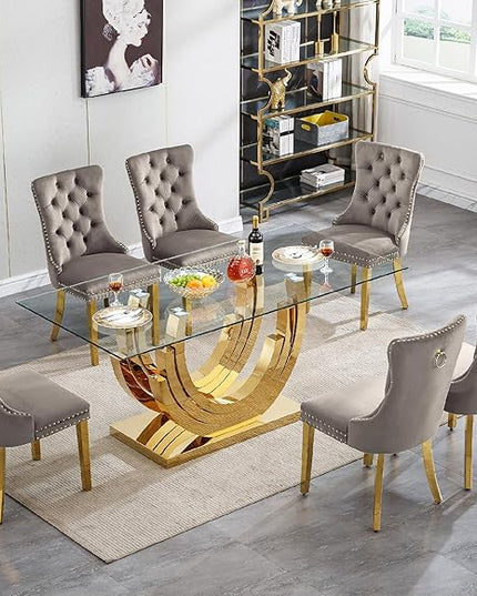 70" Modern Rectangular Glass Dining Table for 4-6, Tempared Glass Top Kitchen Table w/Stainless Steel Base, Glass and Gold Dining Room Table for 6, Large Glass Kitchen Dining Table for Dinner