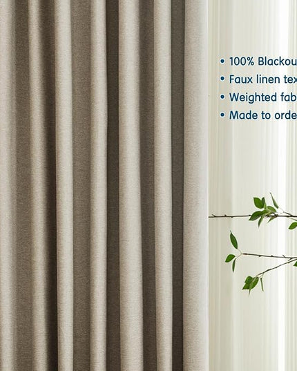 LETAU Linen Texture Brown Curtains 63 inches Long, Pinch Pleated 100% Blackout Privacy Window Curtains Panels Drapery, 72" W x 63" L, 2 Panels