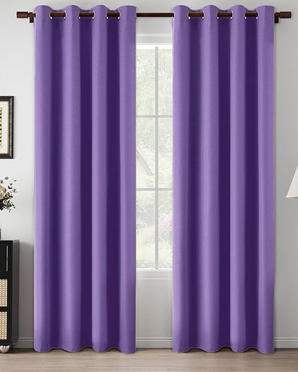 100% Blackout Linen Purple Curtains 90 Inches Long for Bedroom Living Room, Modern Farmhouse Soundproof Privacy Grommet Drapes for Girls Room Nursery, Purple, W52 x L90, 2 Panels