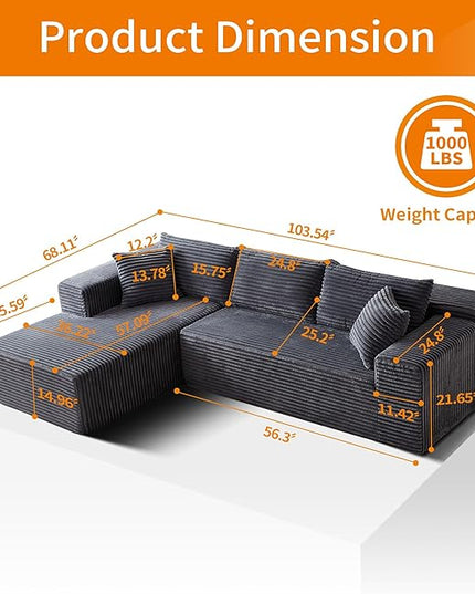 103.54'' Sectional Sofa, Flannel Fabric Fabric L Shaped Sofa, 4 Seat Modern L Shape Couch with 2 Pillows Right Hand Lounge for Living Room, Office