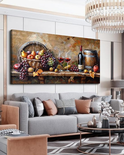 XIGUANGART Wall Art for Kitchen Grape Barrel Painting Red Wine Glass Artwork Prints for Dinning Room Bar Large Canvas Wall Decor for Living Room Office Fruit Still Life Picture Modern Home Decoration