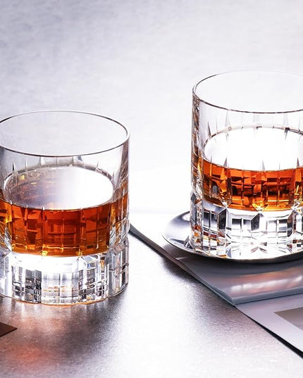 KAMMAK Crystal Whiskey Glasses Set of 2, Luxury 7.78oz Old Fashioned Glasses Stemless, Hand Blown Cocktail Glasses, Handcrafted Engraved Scotch Cup for Women, Men Gift for Bourbon Barware
