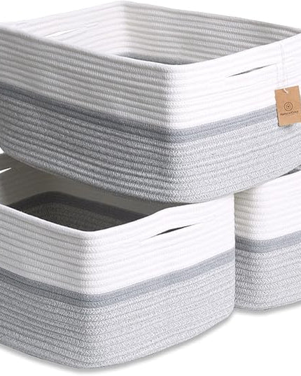 NaturalCozy Storage Baskets 16.8”x13”x7.6” Cotton Rope Woven Baskets for Organizing 3-Pack | Toy Storage Bins | Basket for Shelves, Laundry, Blanket, Clothes, Closet, Kitchen, Bathroom, Gifts