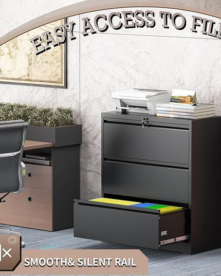 3 Drawer Lateral File Cabinet with Lock, Lateral File Cabinets for Home Office, Metal File Cabinet, Heavy Duty File Storage Cabinet for Legal/Letter/A4 Document, Assembly Required, Black