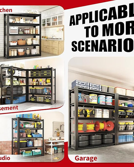 72" H Garage Shelving, Metal Storage Shelves, Adjustable 5 Tier Storage Rack, Heavy Duty Shelving, Industrial Utility Shelf for Garage, Warehouse, Bedroom, Kitchen,16" D×36" W×72" H, Black