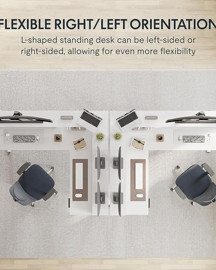 FLEXISPOT 63" L Shaped Standing Desk with Shelf Electric Corner Table, Drawers, Adjustable Computer Workstation for Home, Office,63x55in, White Top + White Frame
