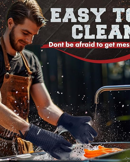 KITCHEN PERFECTION Silicone Smoker Oven Gloves - Extreme Heat Resistant BBQ Gloves - Handle Hot Food Right on Your Smoker Grill Fryer Pit | Waterproof Oven Mitts | Superior Value Set + 3 Bonuses