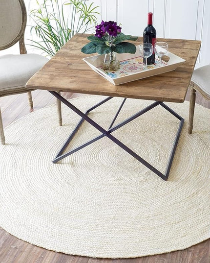 FRELISH DECOR Handwoven Jute Area Rug - Off-White Round Rustic Vintage Braided Reversible Rug - Eco Friendly Rug for Bedroom - Kitchen - Living Room - Farmhouse (6' Round - Off-White)