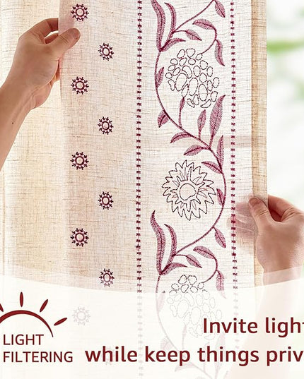 jinchan Winslow Linen Curtains for Bedroom 96 Inches Length Embroidered Bordered Floral Curtains for Living Room Farmhouse Decor Light Filtering Window Treatments Red on Beige Drapes 2 Panels