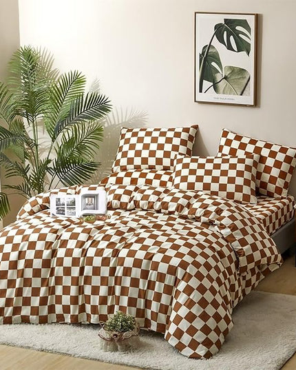 Houseri Pumpkin White Comforter Set Queen Size Elegant Caramel Brown Bedding Quilts Checkerboard Comforter Russet Brown Grid Bed Comfy