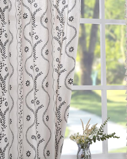 Schweek Boho Floral Curtains for Living Room, Linen Farmhouse Sheer Curtains 63 Inches Long, Vintage Printed Patterned Rustic Curtains Drapes for Dining Room, Black on Ivory