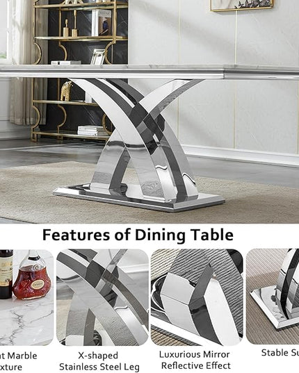 68" Faux Marble White Dining Table for 6-8, Modern Dining Room Table with 0.71" Marble Printing MDF Top and X-Shaped Silver Stainless Steel Base, Rectangle Kitchen Dinner Table