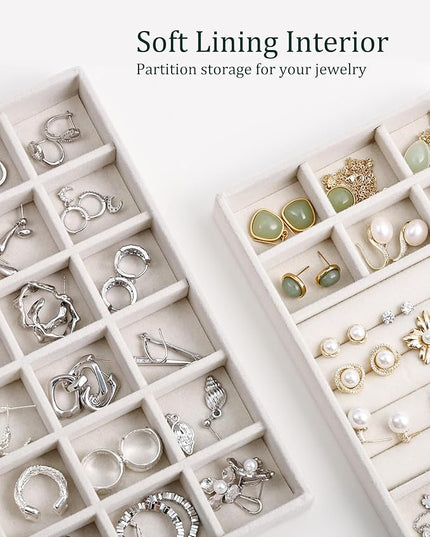 Stackable Jewelry Organizer Trays with Removable Dividers, 4-Tray Beige Jewelry Drawer Organizer Set for Earrings, Necklaces, Rings & Bracelets Gift for Her