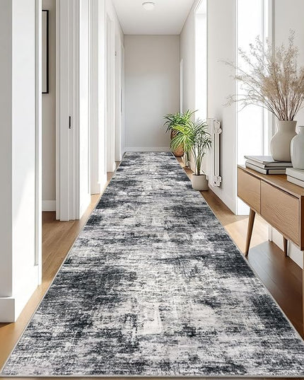 IOHOUZE Abstract Runner Rug 3x18 Ft Extra Long Washable Runners for Hallways, Non Slip Kitchen Runner Printed Faux Wool Entryway Runner Indoor, Modern Abstract Floor Carpet for Hall Stair, Black Grey