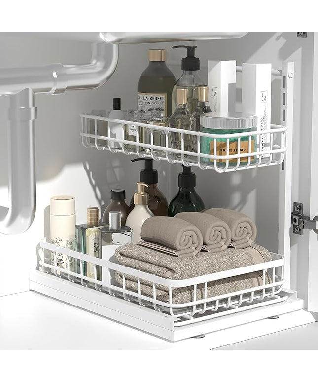 Under Sink Organizer, Adjustable Height Pull-Out Kitchen Storage Organization,15.8" x 11.8" x 16.5",2-Tier Kitchen Shelf,Bathroom Drawer Organizer, White