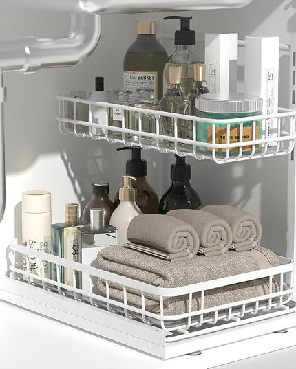 Under Sink Organizer, Adjustable Height Pull-Out Kitchen Storage Organization,15.8" x 11.8" x 16.5", 2-Tier Kitchen Shelf, Bathroom Drawer Organizer, 2 Pack|White