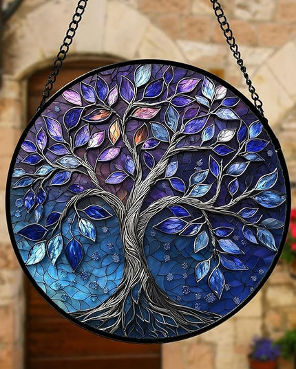 Stained Glass Window Hanging, Blue Purple Tree of Life Sun Catchers Colorful Glass Panel Plants Suncatcher Decor for Birthday for Women,Men,Wife, Lovers, and Mom 6.3 in