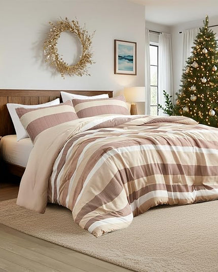 King Comforter Set, 3 Pieces Striped Bed Set, Soft Brushed Microfiber Reversible Bedding Set for All Season, Lightweight & Breathable Bedding Set with Comforter & Shams, Terracotta