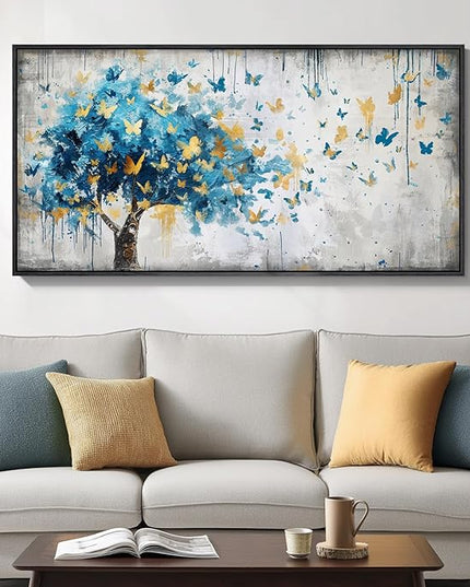 Framed Large Tree Wall Art, Blue and Gold Abstract Tree of Life Canvas Painting Print Artwork for Walls, Modern Golden Butterfly Picture for Living Room Bedroom Dining Room Hallway Wall Decor, 20x40