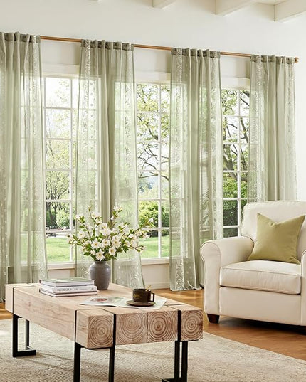 jinchan Winslow Sheer Curtains 63 Inch Length for Dorm Bedroom Bordered Floral Pattern Decorations Short Curtains Light Filtering Window Treatments, 50W x 63L, Ivory on Sage, 2 Panels