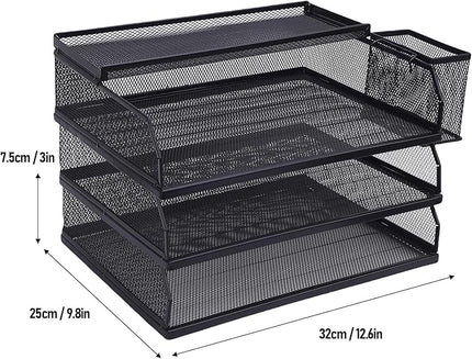 3 Tier Paper Organizer 3 Tray Letter Storage Mesh Desk A4 File Sorter with Top Box Pen Container for Home School Office Desk Organization Iron Metal Mesh Design