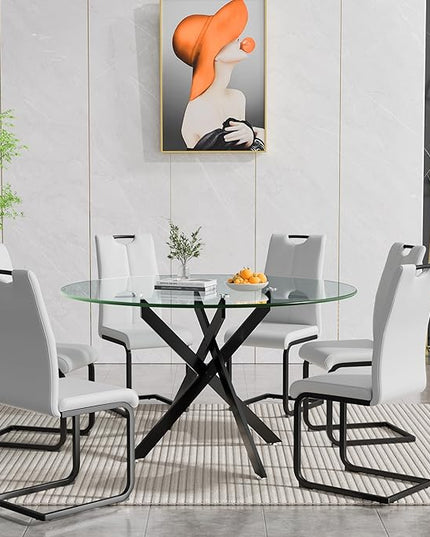 HomVent 7 Piece Round Glass Dining Table Set, Round Glass Kitchen Table Set for 6 with 6 PU Upholstered Dining Chairs for Kitchen Dining Room
